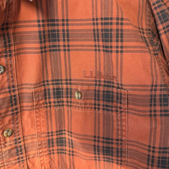 LL Bean Plaid Button Down Mens Large Rust Orange Excellent Reinforced Elbows - Picture 3 of 7